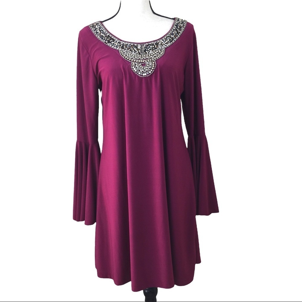 Haani Dress. Beaded Neckline. Burgundy. Sz L.